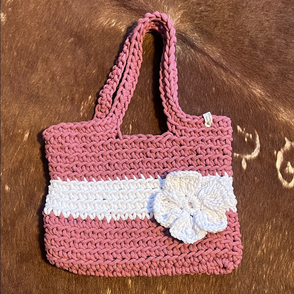 Handcrafted dusty rose and White Crochet Tote Bag, Made by Bobbie